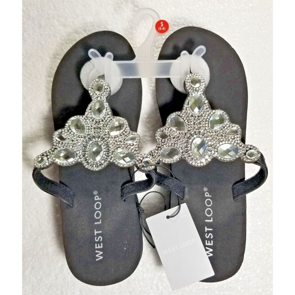 Women's Sandals Rhinestone Crystal Look Wedge Slip-On Black NEW Size S (5-6)